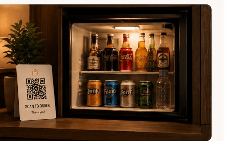 A warmly lit, well-stocked fridge beside a QR welcome card inviting guests to scan and see what's available