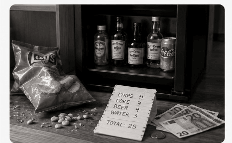 A dim fridge with a handwritten tally sheet, spilled chips, scattered nuts and crumpled euro notes