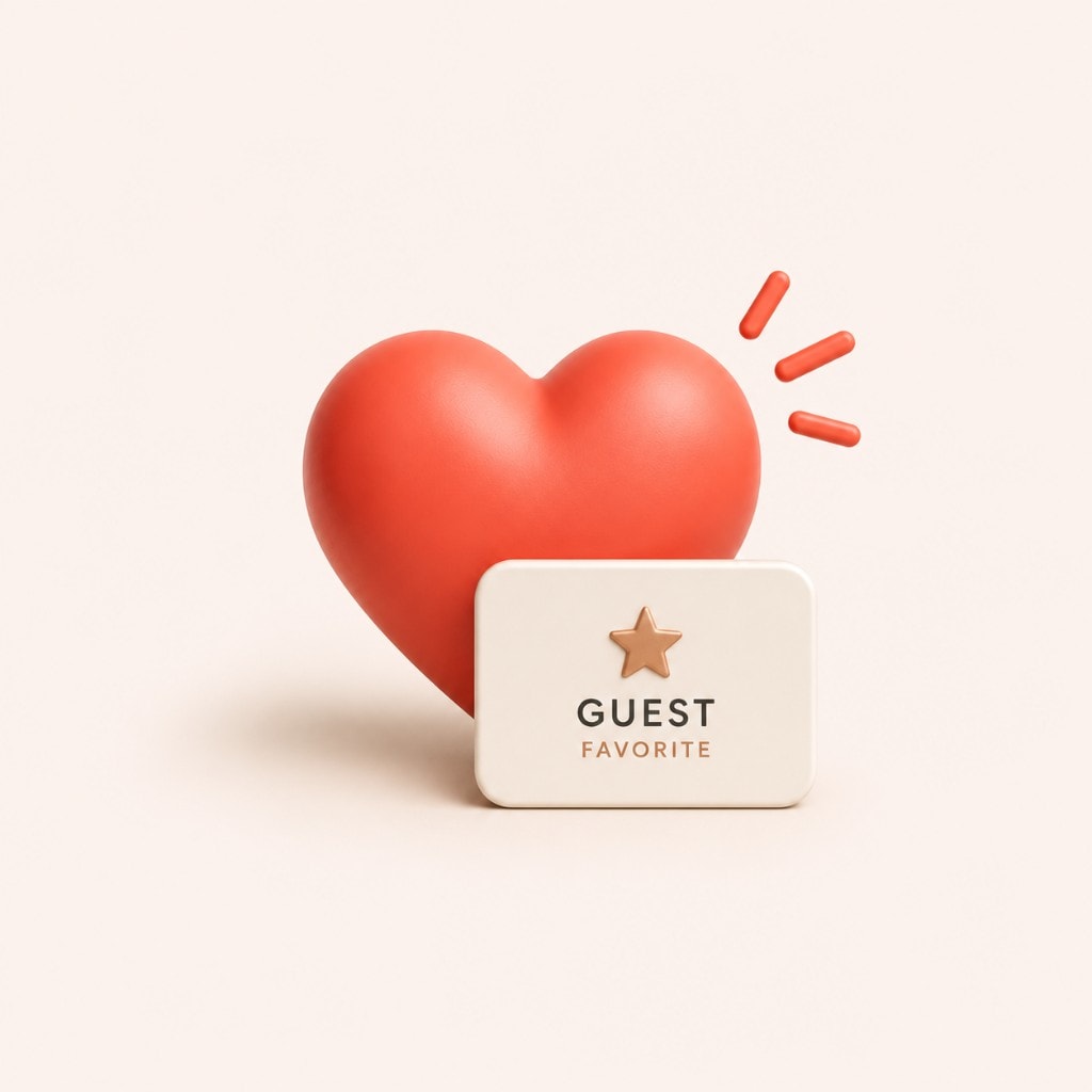 A glossy red 3D heart and a Guest Favorite badge with a bronze star, guest favorites