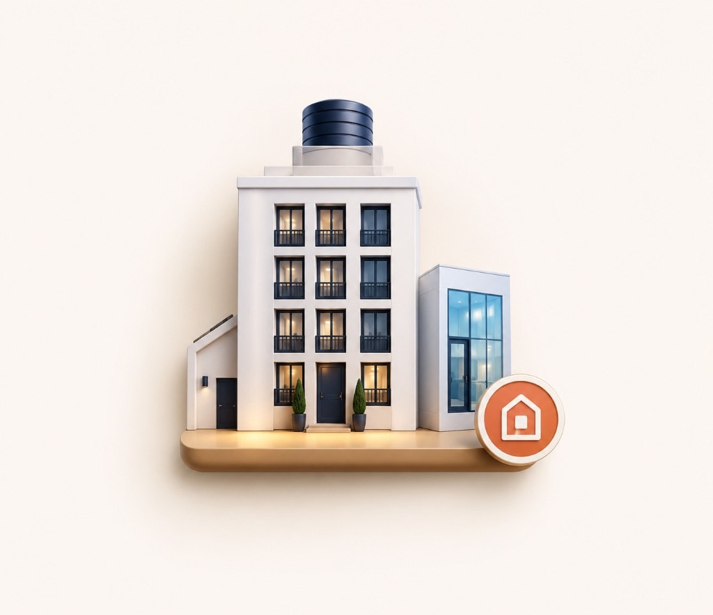 A miniature white apartment building with a warm orange home pin, multi-property management