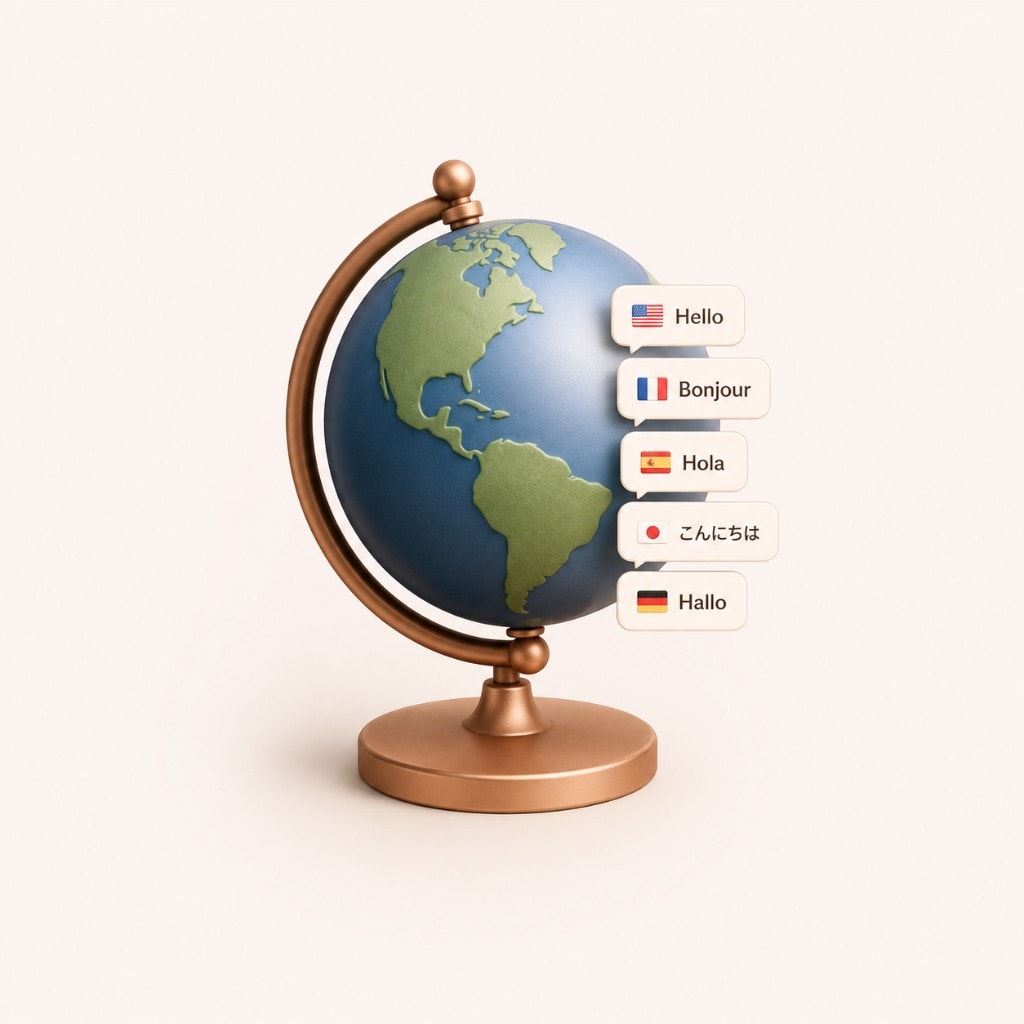 A bronze globe with multilingual greeting bubbles: Hello, Bonjour, Hola, Hallo