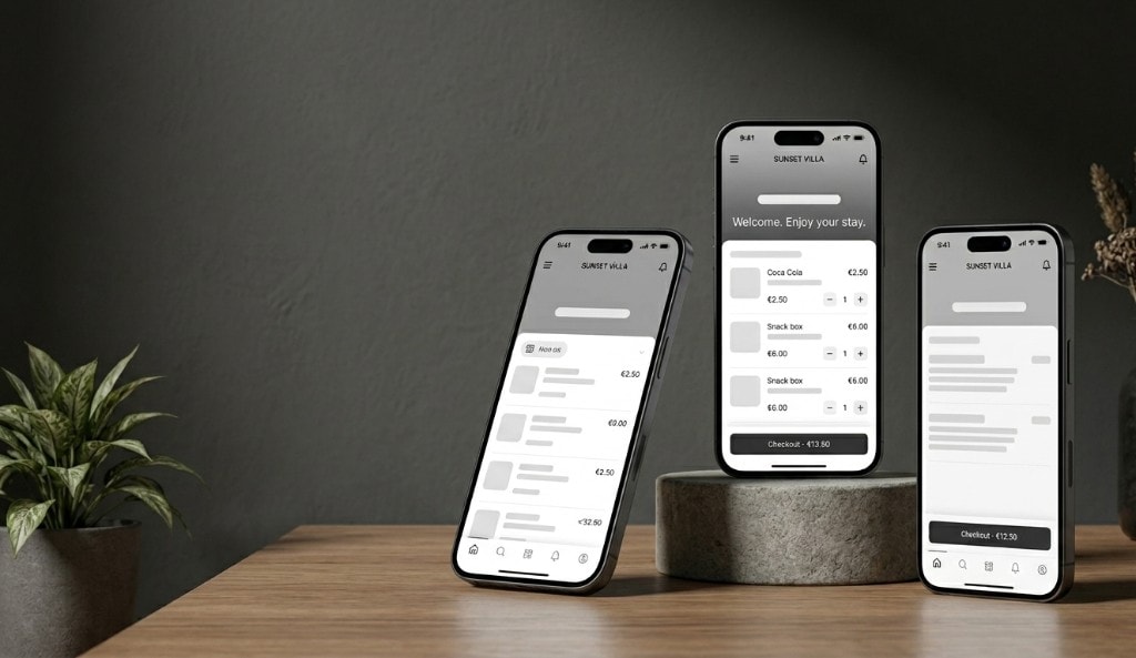 Three smartphones on a warm wooden surface showing the in-room guest experience, selection, and payment flow.
