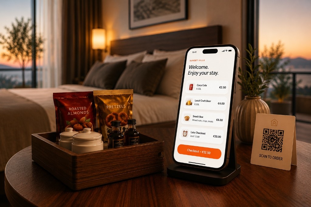 A premium in-room drinks and snacks tray with a QR welcome card in a warm sunset-lit hotel suite