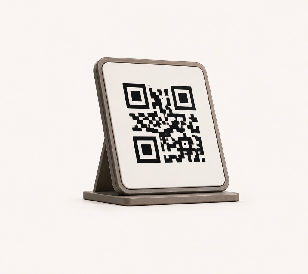 An elegant tabletop QR code stand on a soft warm surface
