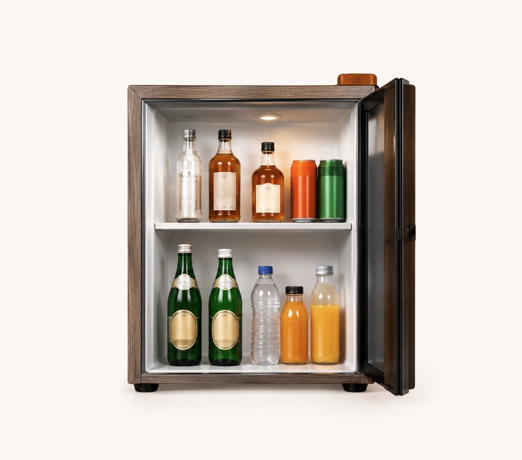 A premium wood-trimmed fridge stocked with drinks, snacks and extras for guests